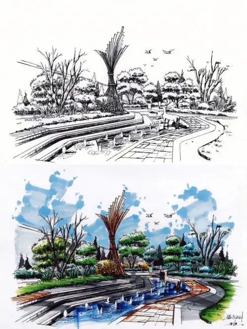 环艺马克笔手绘学员每日一画景观临摹