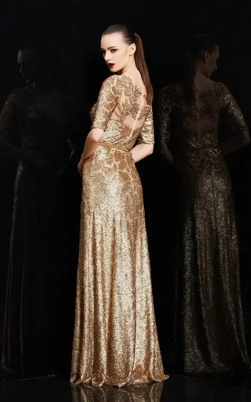 瑟俐(serleay)品牌高端定制金色性感刺绣镂空晚礼服秋冬2020新款长裙