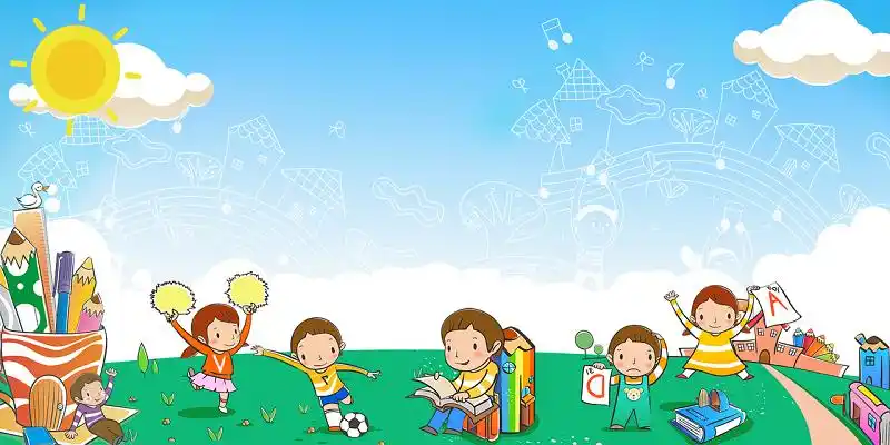 家长会可爱小孩草地踢球看书卡通插画开学季海报蓝色背景素材