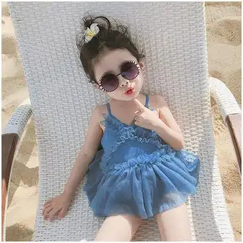 现货现发女童泳衣泳帽波点三角连体服游泳衣宝宝韩版可爱时尚速干泳装