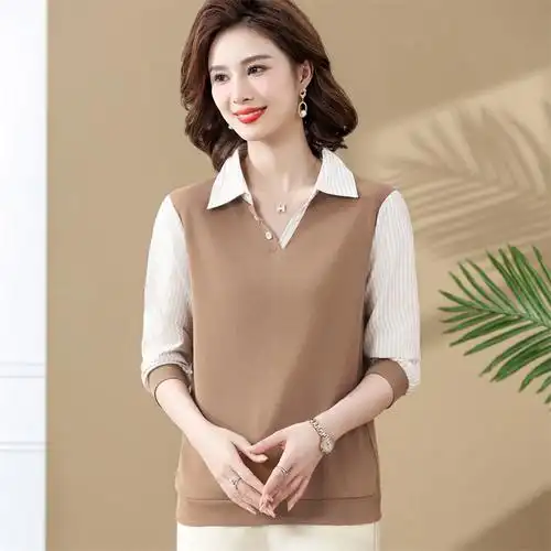 翻领打底衫上衣女薄款拼接衬衫中年女士秋装长袖条纹袖休闲妈妈装