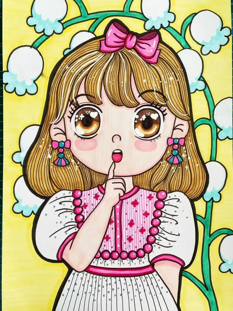 马克笔动漫女孩 q版动漫,春天,女孩,风铃花,马克笔绘画.