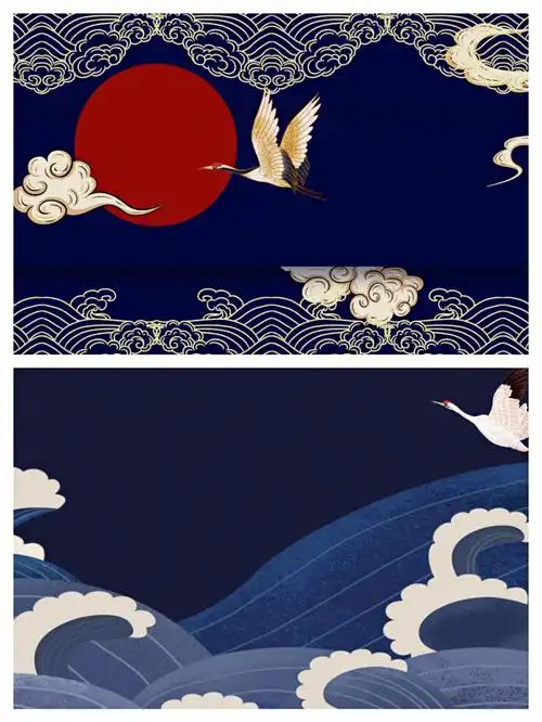 深蓝色中国风背景图海浪纹仙鹤盘旋