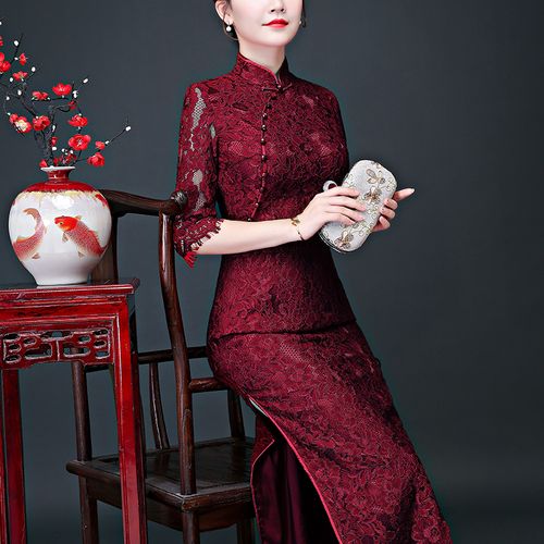 2021新款春季妈妈装婚宴蕾丝旗袍喜婆婆婚礼旗袍裙礼服长款中长袖