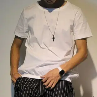 三师~简单时尚~腰部松紧收腰~两侧边拉链休闲短袖白色棉布t恤男夏