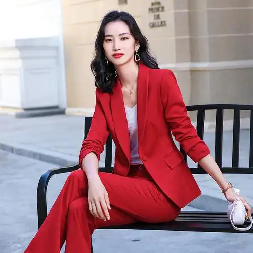 红色西服套装女冬_红色西装外套女气质女神范年会主持正装洋气休闲