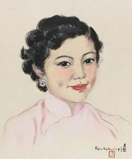 0074女子半身像镜心设色纸本