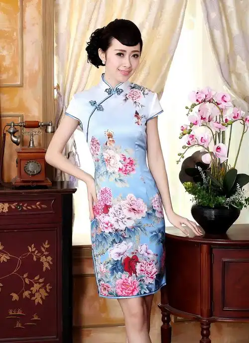 z0020-b厂家直销新款夏季定制真丝旗袍一字牡丹绣花旗袍现货实拍新品