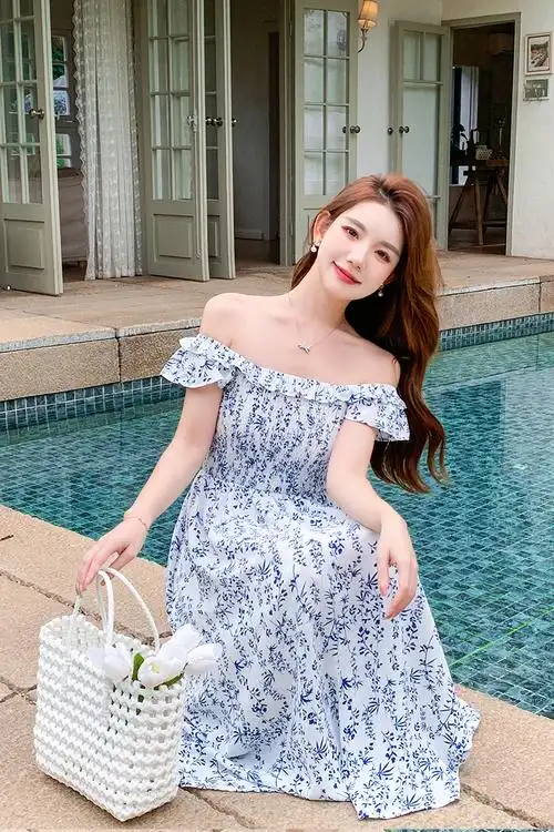 实拍 小清新蓝色碎花吊带裙甜抹胸裙小飞袖度假长裙连衣裙 - 17网