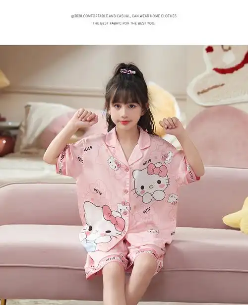 ***儿童睡衣女童夏季冰丝薄款双短小女孩大童洋气亲子家居服 - 17网