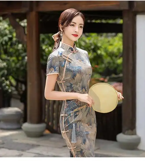 皮尔卡丹高端老上海手工改良大码软缎旗袍夏季妈妈中长款2022年新款