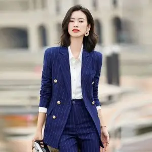中长款条纹小西装外套2020春秋韩版休闲英伦风职业西服套装深蓝色