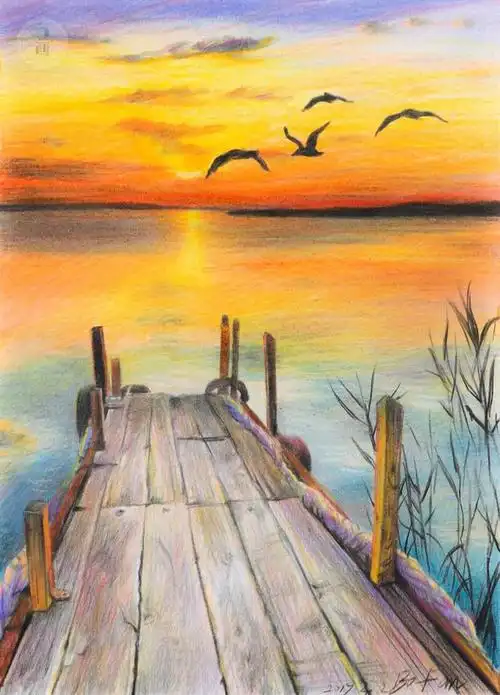 彩铅 风景日落画合集