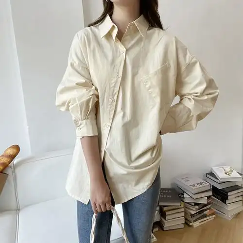 莉之绮 韩版宽松长袖衬衫女中长款纯色斜门襟纽扣防晒衬衣111146