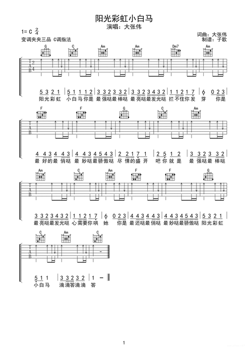 大张伟《阳光彩虹小白马》吉他谱-c调1