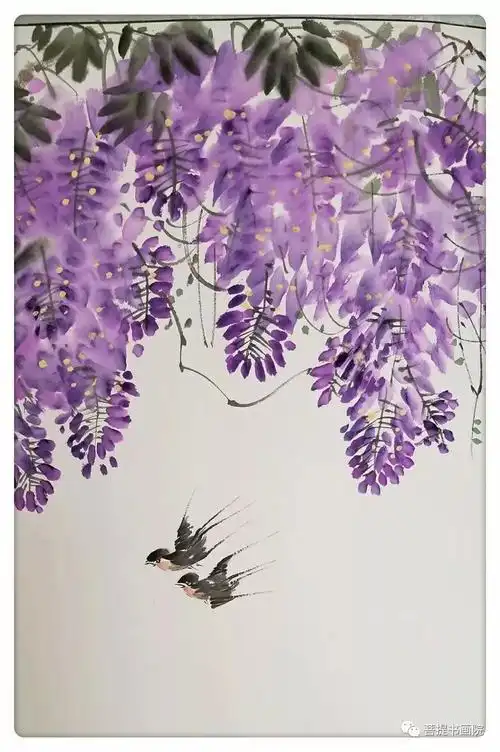 国画紫藤花绘画步骤中,调紫色和钛白为淡紫色,笔尖蘸深紫色,左右两笔
