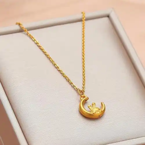 黄金月亮兔子吊坠足金项链本命年生肖纯金锁骨定价黄金项链
