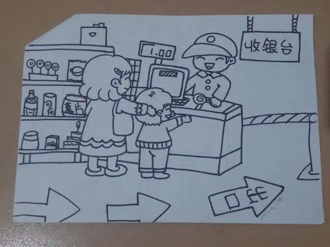 幼师手绘简笔画场景 简笔画画面讲述:我(小男孩96)和妈妈99去超市