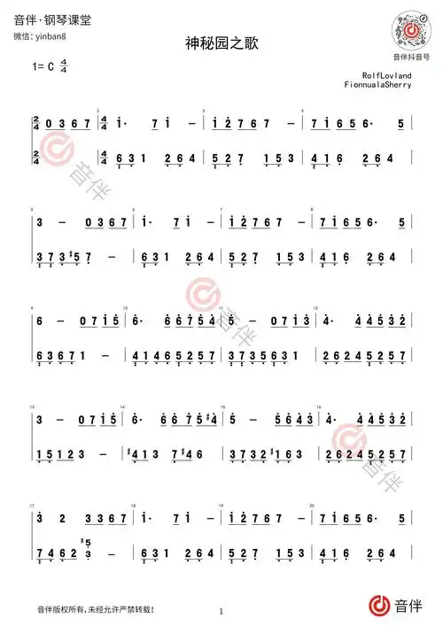 神秘园之歌钢琴简谱c调简单版视频教学