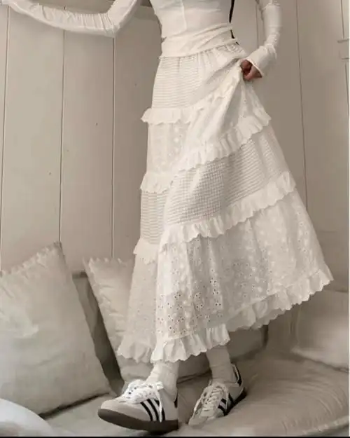 白色半身裙女夏季高腰a字裙蛋糕裙温柔风长裙设计感小众绣花裙子 - 17