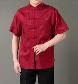 中老年爸爸夏季婚宴喜庆唐装婚礼服装上衣千禧服红色男士衬衫短袖