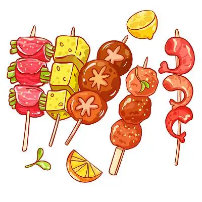 串手绘卡通烧烤啤酒小吃串串烤串宵夜烧烤元素炸串彩色卡通手绘烤串