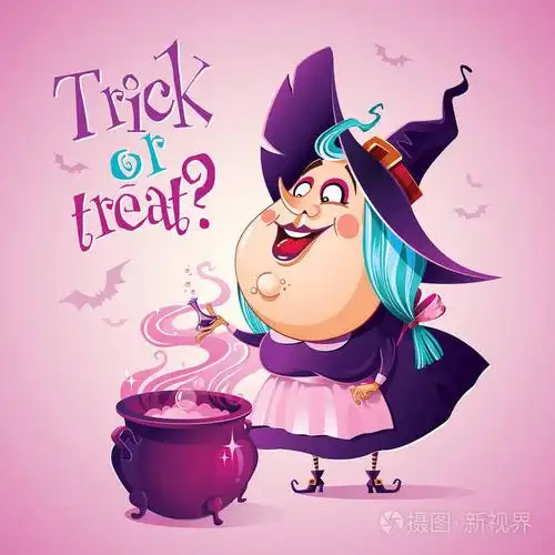 滑稽的脂肪女巫酿造在锅的药水在粉红色背景与蝙蝠