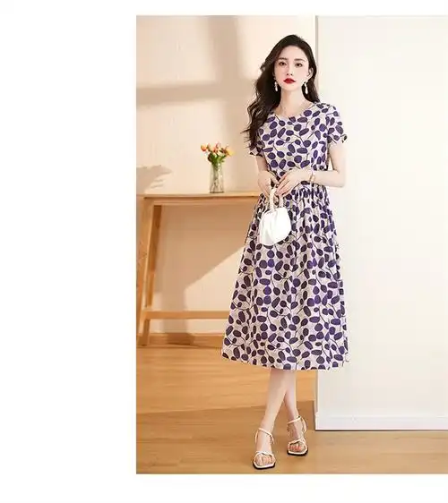 短袖棉麻连衣裙女2024夏季新款韩版收腰显瘦中长款气质淑女碎花