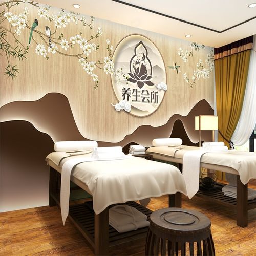 新中式养生会所美容院墙纸中医馆采耳店装修足浴店前台背景墙壁纸图案