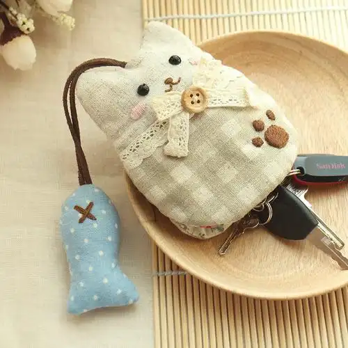 手工钓鱼布艺猫咪棉麻创意钥匙包阿卡