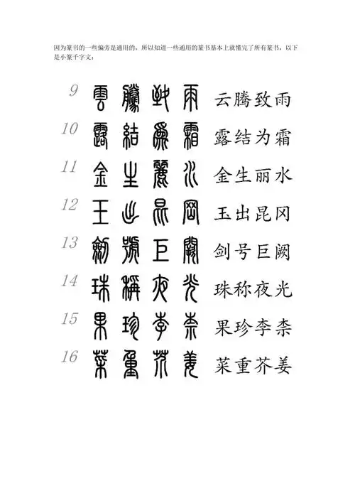 篆书汉字对照表