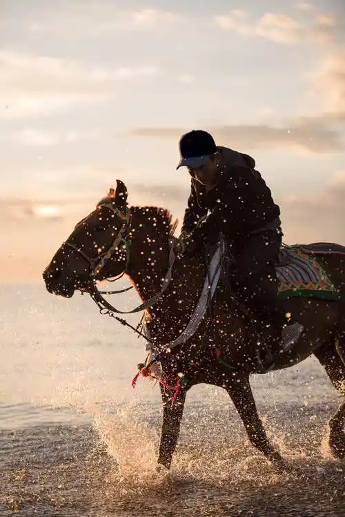 夕阳西下,一位少年骑马奔入湖边,马儿跑起来溅起的水花很