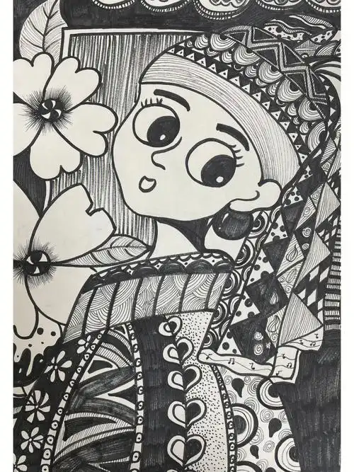 带珍珠耳环的少女儿童画创意线描