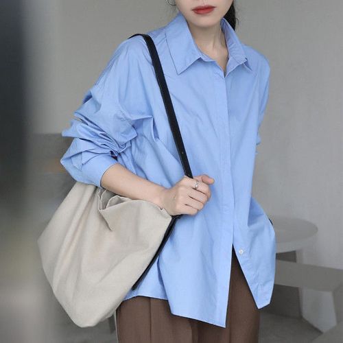 秋冬蓝色衬衫女职业白衬衫女设计感小众长袖宽松白衬衣新款上衣潮