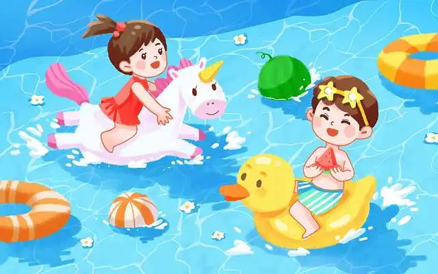 蓝色夏天卡通人物游泳插画卡通夏天夏日立夏夏季游泳插画