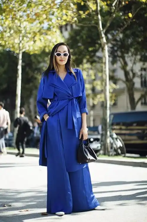 在搭配宝蓝色时,颜色的选择是很宽泛的,尤其是与暗色系的搭配可以让你