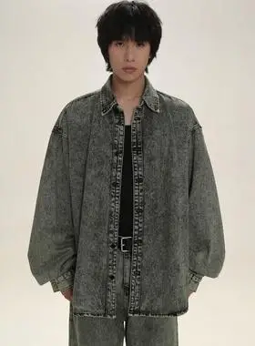 masonprince 秋季做旧砂洗宽松牛仔裤套装男宽松休闲