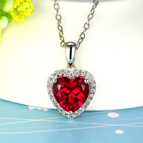 红宝石彩宝吊坠 925银心形彩色宝石珠宝项链镶嵌钻石镀18k金女款 图片