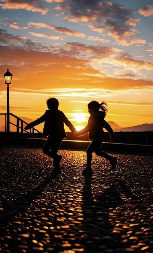 在夕阳下,父女俩尽情嬉戏