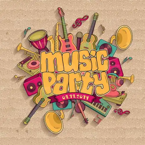 手绘多彩潮流音乐乐器矢量素材