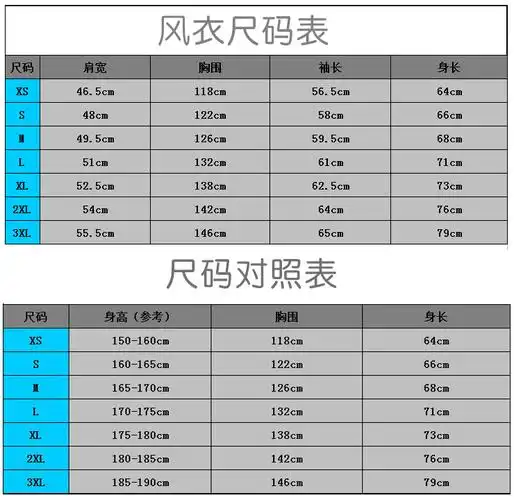 风衣尺码对照表
