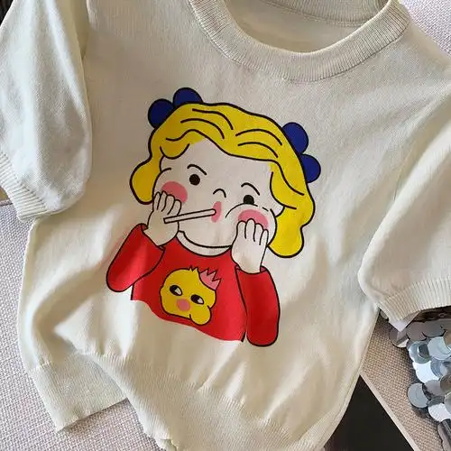 实拍卡通印花针织短袖t恤女夏季新款宽松显瘦短款半高领打底上衣 - 17