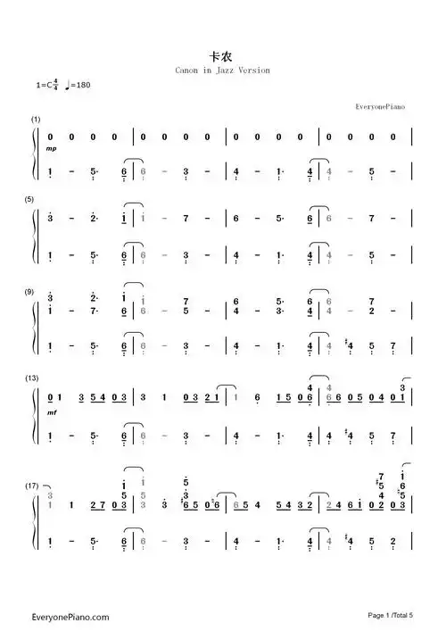 卡农-爵士版双手简谱预览1