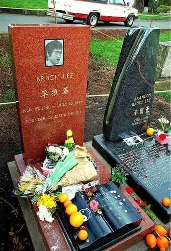 李小龙和儿子李国豪的墓在墓园深处,有小树围起来