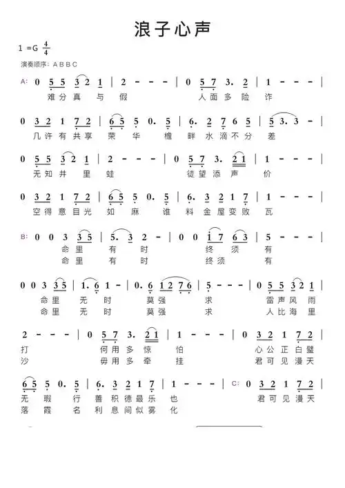 浪子心声智能简谱-苍强曲谱