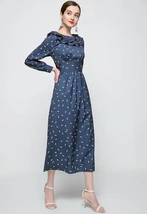 欧洲站2021年春季走秀新款气质女装时尚修身印花连衣裙