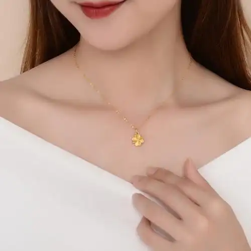 999黄金花朵四叶草吊坠女新款纯金3d硬足金锁骨18k金项链套链女 - 硕