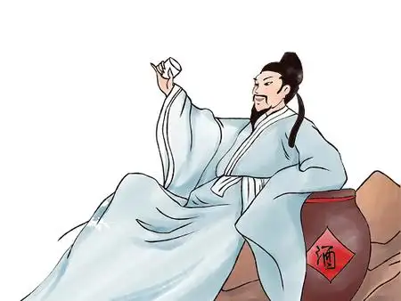 彩色卡通手绘古风李白原创水墨人物诗人喝酒png素材