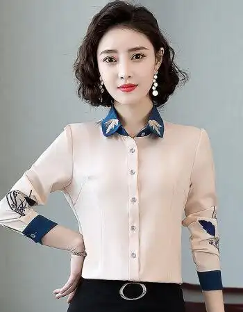 高品质春新款棉长袖衬衫女百搭时尚职业装衬衣中年妈妈减龄上衣杏色