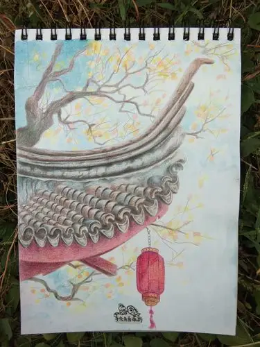 彩铅画中国古建筑之飞檐